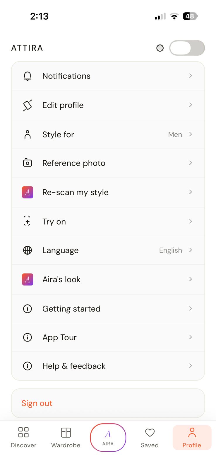 The Attira app — Profile screen