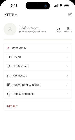 The Attira app — Account screen